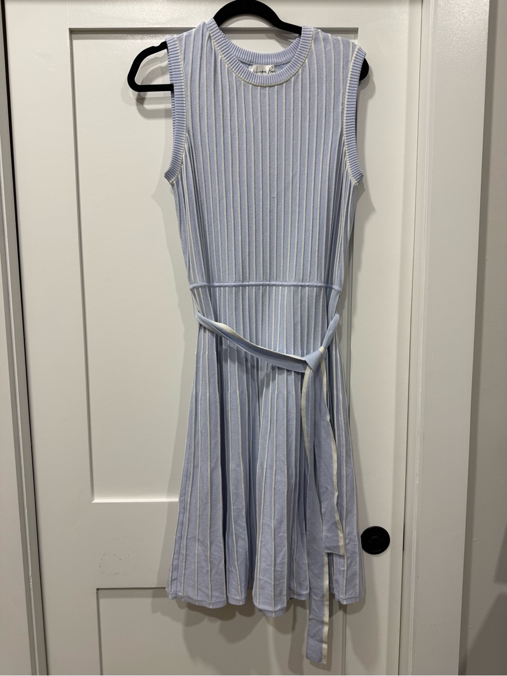 Harper Ribbed Crewneck Sweater in Light Blue and Ivory